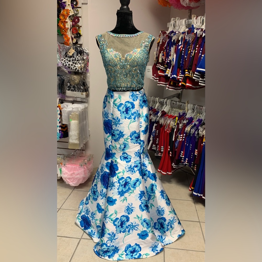 Size 13/14 Blue Floral 2Pc Beaded Mermaid Prom Homecoming Pageant Dress Gown NWT